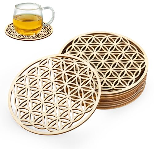 10 Pièces Fleur de Vie Dessous de Verre Bois, sous Verre en Bois Set de 10x10cm, sous-Verres en Bois de Bouleau, Fleur de Vie en Bois Élégants, sous Verres en Bois pour Café, Purification, Méditation