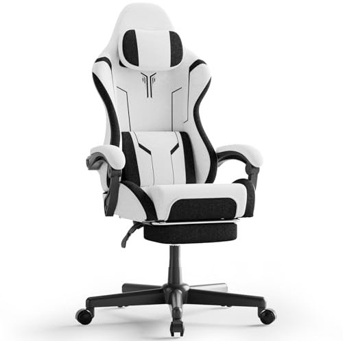 Chaise Gaming, Fauteuil Gamer- Massage Coussin Lombaire, Siege Gaming Dossier Inclinable à 135°, Chaise de Bureau Ergonomique Repose-Pieds Rétractable, Siège Large Confortable Leathaire-Velours, Blanc