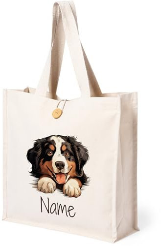 GRAZDesign Personalisierte Baumwoll-Tragetasche mit Knopf und Hunderassenmotiv, individuell mit Namen bedruckbar - Berner Sennenhund
