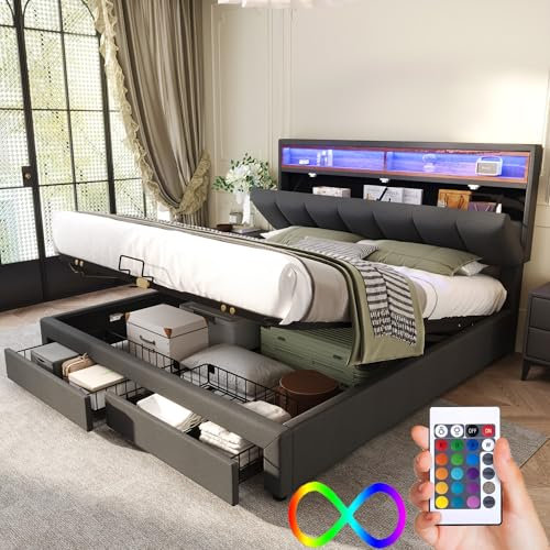 Lit 140 x 190 avec Sommier LED et LED et Tete de Lit Réglable, Lit Coffre 140x190 avec Rangement et Tiroirs, Lit Double avec à Lattes Lit 2 Personnes, Lit Rembourré Cadre de Lit 140 x190(Sans Matelas)