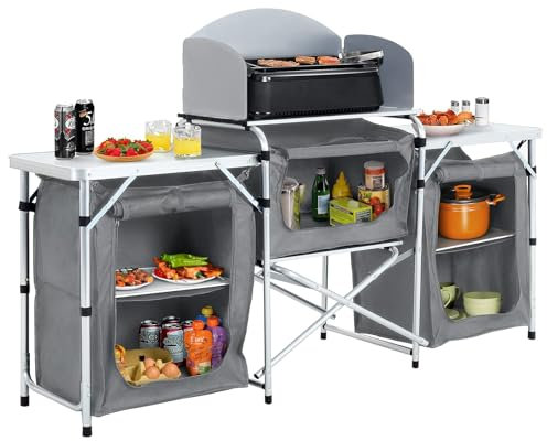 XEMQENER Campingküche Faltbar mit Tragetasche, 14kg Alurahmen Tragbar Camping Outdoor Küche mit MDF Tischplatte, Mobile Gartenküche, Grilltisch Außenküche für BBQ Reisen(Grey, 175×40×110cm)