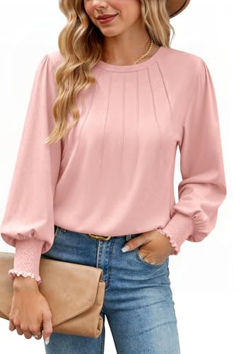Gyabnw Women’s Cotton Long Sleeve Tops Casual Pleated Blouse with Crew Neck Breathable Jersey Tunic Shirts Pink