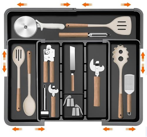 Glowjoy Range Couverts pour Tiroir, Range Couverts, Plateau d'Ustensiles Extensible pour Tiroir, Support de Rangement en Plastique pour Couverts pour Cuisine (Noir 2)