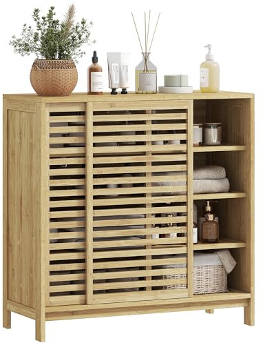 HOMCOM Armario de Baño de Bambú Mueble de Baño con 2 Puertas Correderas Diseño con Lamas 4 Estantes Mueble Auxiliar de Almacenaje para Cocina Salón 80x34x80 cm Natural