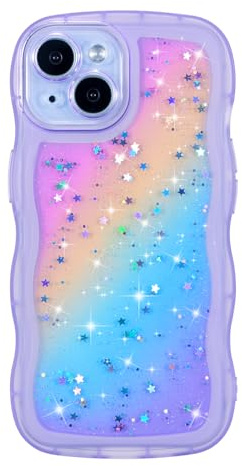 ZTOFERA Sparkly Glitter Case for iPhone 14 (6.1), Rainbow Purple | Curly Wave Frame Shape, Bling Sparkle Star, Clear Soft TPU Back Cover, Lightweight, Shockproof Protective Bumper Cover