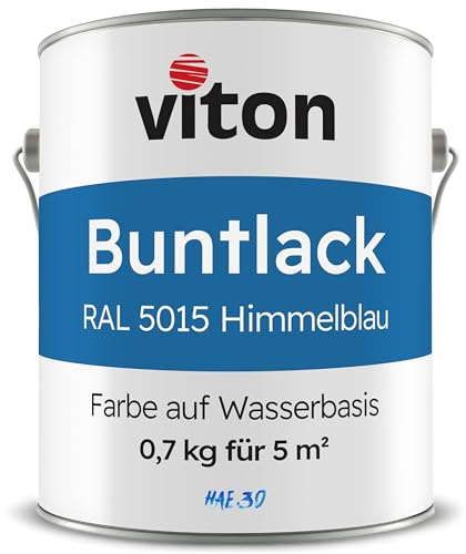 Viton Buntlack 0,7 kg Blau - Seidenmatt - Wetterfest für Außen und Innen - 3in1 Grundierung & Lack - HAE 30 - Nachhaltige Farbe auf Wasserbasis für Holz, Metall & Fliesen - RAL 5015 Himmelblau