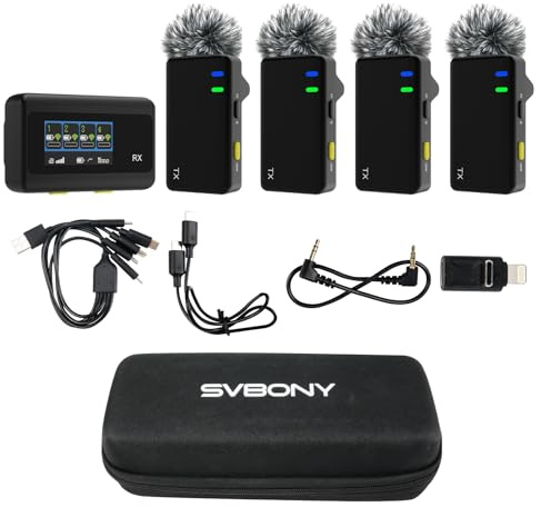 SVBONY SVMic D4 Microfono Lavalier Wireless con 4 Trasmettitori, Microfono a Bavero con Rumore DSP, Registrazione 75 dB 48kHz/24bit, 200m per Video Vlog, Interviste, Streaming Live