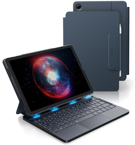 Dexnor Funda con Teclado para Samsung Galaxy Tab A9+ 2023 11 Pulgadas, Español Ñ Teclado con Ultrafino Desmontable, Trackpad Multitáctil, Retroiluminación, Funda Protectora con Portalápices, Azul