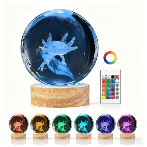 Calenxy 3D Axolotl Kristallkugel Nachtlicht - 8CM LED Crystal Ball Axolotl Lampe Glaskugellampe mit Fernbedienung 16 Farben - für Geburtstage Weihnachten - Cooles Deko Geschenk für Jungen Mädchen