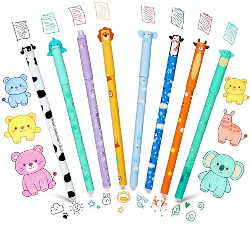 EAVUYIS 8 Stück Radierbaren Gelstiften, Radierbarer Kugelschreiber, 0,5mm Gelstifte Radierbar, Radierbare Stifte Tiere Erasable Pen für Schulsachen Bürobedarf