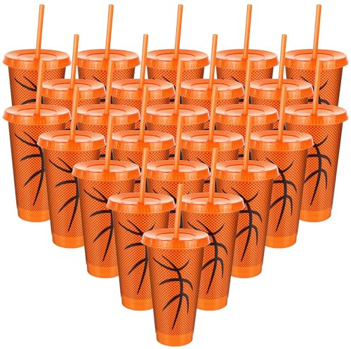 24 Pack Basketball Reusable Plastic Party Cups with Lids and Straws, 710ml | BPA-free Reusable Plastic, Anti-slip Straws, Sport Plastic Tumblers for Basketball Party Favours Team Members Gifts