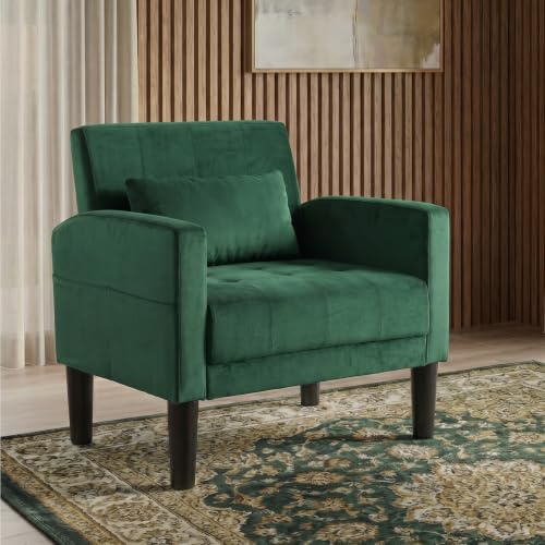 GRAVFORCE Armchairs Comfy Upholstered Living Room Chair Mid Century Modern Accent Arm Chairs with Pocket Storage Green
