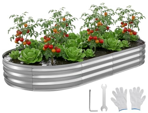 VEVOR Potager Surélevé Métal 240x120x30 cm Carré Potager Surélevé Ovale Lit de Jardin pour Extérieur Culture Fruits Légumes Fleurs, Fond Ouvert, Galvanisé Aluminium-Zinc, avec Gants, Couleur Argenté