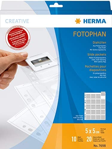 HERMA 7698 Diahüllen für gerahmte Dias, 10 Stück, 5x5 cm, 20 Fächer geteilt, klar/matt, beidseitig sichtbar, Fotophan Fotosichthüllen Sammelhüllen mit Eurolochung zur Dia-Archivierung, transparent