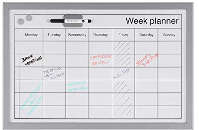 Bi-Office Weekly Planner with pen, Magnetic Surface, Grey Lined MDF Frame, 60 x 40 cm