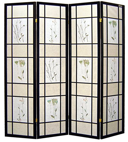 Paravent - Raumteiler - Holz Trennwand Shoji in Natur Reispapier weiß mit 4 Stuecken. Modell Flower Schwarz Farbe