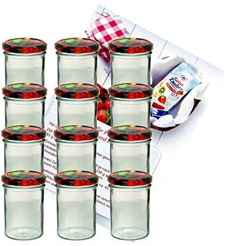 MamboCat 12er Set Sturzglas 435 ml Marmeladenglas Einmachglas Einweckglas To 82 Obst Deckel incl. Diamant-Zucker Gelierzauber Rezeptheft