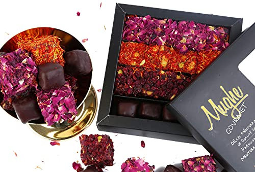Mughe Gourmet Lusso Turco Dolce Assortito - 360g - 4 Varietà: Cioccolato Fondente, Rosa, Zafferano, Zereshk con Aroma di Melograno - Scatola di Regalo Lokum - Perfetto per Natale, Giorni Speciali