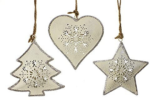 Deko Anhänger Herz Stern Baum im 3er Set je 9 cm, Metall Beige Silber, Nostalgie Weihnachtsdeko Dekokette Dekoanhänger Fensterschmuck Winterdeko