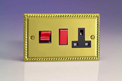 VARILIGHT Georgian Brass Classic 45A Cooker Panel with 13A Double Pole Switched Socket Outlet (Red Rocker) XG45PB