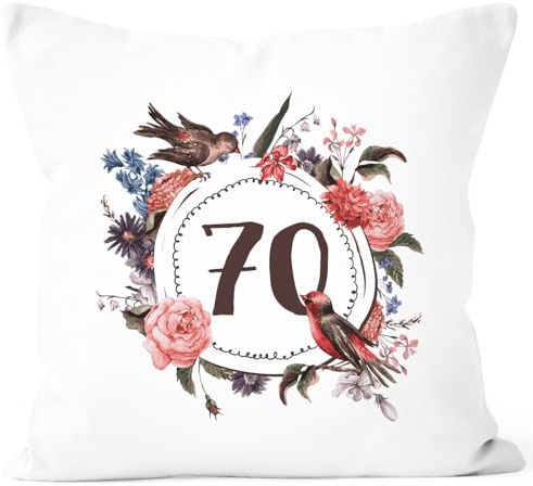 MoonWorks Kissen-Bezug Geburtstag 70 Geschenk-Kissen Blumen Blüten Blumenkranz Bordüre Kissen Weiss Unisize