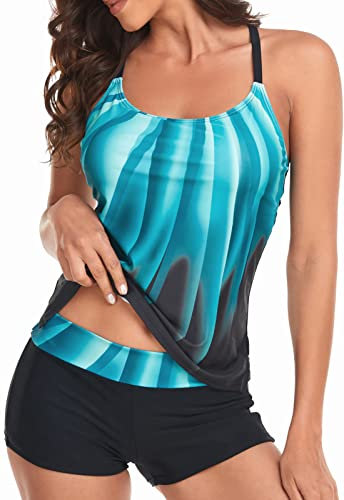 Sixyotie Maillot de Bain Femme 2 Pièces Shorty Tankini Dos Nu à Bretelle Grande Taille Push Up Bikini Rayures Rembourré (Green,L)