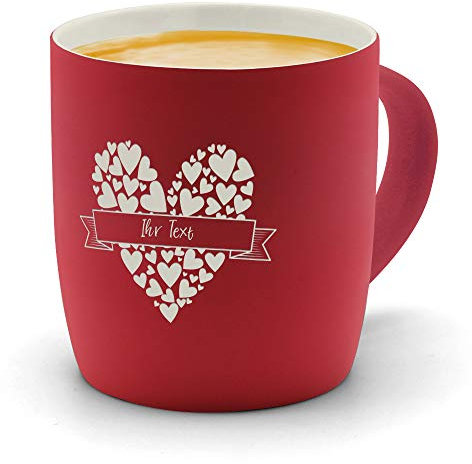 printplanet® - Kaffeebecher mit eigenem Text graviert - SoftTouch Tasse mit Wunschtext - Matt-gummierte Oberfläche - Farbe Rot - Motiv: Herzbanderole