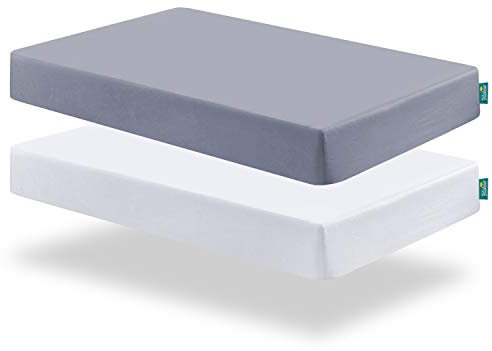 Pack N Play Sheet Spannbettlaken, 2 Stück, tragbare Spiel-/Mini-Kinderbett-Matratzen, ultra-weiche Mikrofaser, Weiß und Grau, voreingeschrumpft