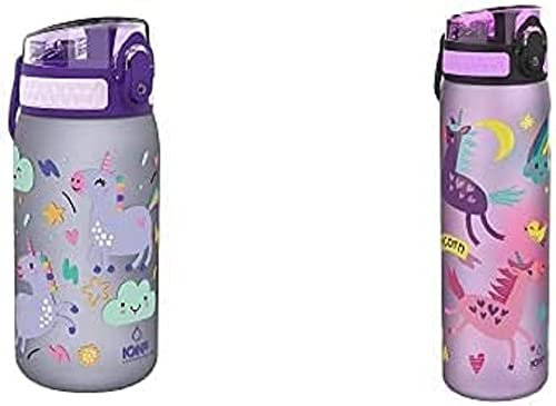 Ion8 Leak Proof Slim Water Bottle, BPA, 600ml, Unicorns & Leak Proof Kids' Water Bottle, BPA, 400ml / 13oz, Unicorns