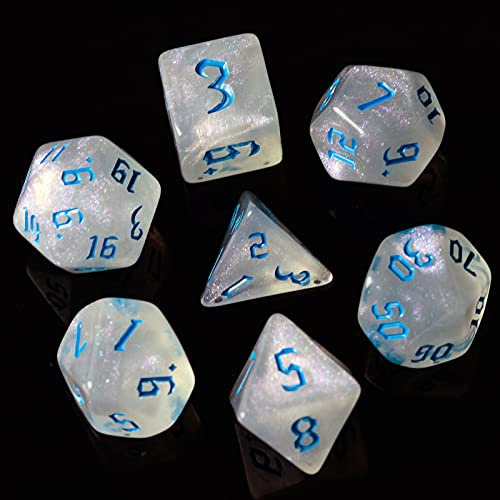 Pen and Paper Würfel Set - 7-teilig, Frosted Glitter Edition, polyedrische Rollenspiel-Würfel, für Dungeons and Dragons (D&D), Das Schwarze Auge (DSA), Aborea, Splittermond, Shadowrun (blau)