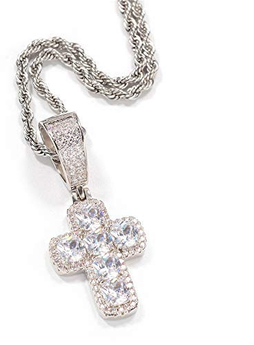 Fantex 14K vergoldet Iced Out Gem Cross Anhänger, Full Pave Shiny CZ Lab Diamond mit Hip Hop Cuban Curb Seilkette Urban Street-Wear Halskette für Männer Frauen (White Gem)