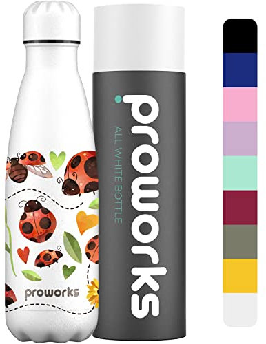 PROWORKS Bouteille d'eau Isotherme, sans BPA, Gourde INOX Reutilisable pour Maintien Chaud de 12 Heures & du Froid Jusqu’à 24 Heures, Sport, Gym, Voyage - 1 Litre - Tout Blanc - Coccinelle