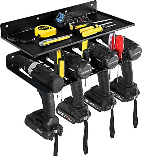 COSTWAY Electric Drill Storage Rack with Storage Shelf, Holds 4 Drills & Batteries, Hanging Wall Mounted Organizer with 36 Screwdriver Holes, Power Tool Holder for Garage Home Workshop