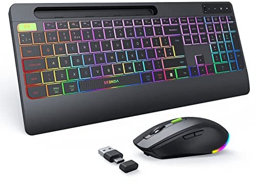 seenda 2.4G Wireless Keyboard and Mouse Combo with Rainbow Backlit, Rechargeable Keyboard and Mice Set UK Layout Full Size with 2 in 1 USB C & USB A Dongle and Wirst Rest, Black