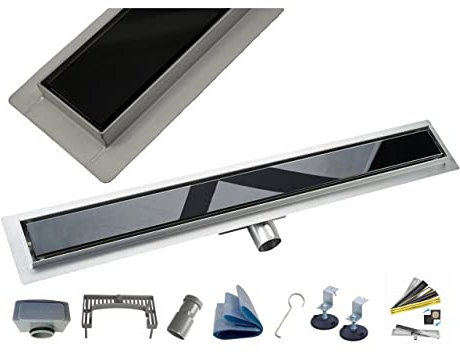 AQUA HEATING linearer Bodenablauf Gehärtetes Glas Edelstahl superflach Komplettset für Badezimmer mit bodengleicher Dusche, Duschrinne Ablaufgarnitur-Set, Duschablauf mit Siphon 90 cm schwarz