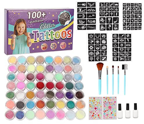 Temporäres Tattoo-Glitter-Kit, Glitzer-Tattoo-Sets mit 50 Glitzerpulvern, 6 Leuchtenden Pulvern und 30 Ml Langanhaltendem Kleber, Make-up-Glitzer-Kits mit Kleinem Kamm für Cosplay-Partys, Kunstbühne,