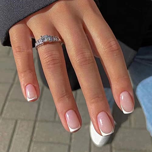French False Nails Short, 24Pcs White French Fake Nails, Square Press on Nails Pattern, Glitter Nail Tips with Nail Glue, Squoval Stick on Nail for Women Girls Nail Art