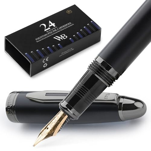 Wordsworth & Black Füllfederhalter Majesti (schwarz), luxuriöse Hülle, 24 Karat Gold-Finish, mittlere Feder 18 Karat – Tintenpatronen, nachfüllbarer Tintenkonverter – Kalligraphie-Stift