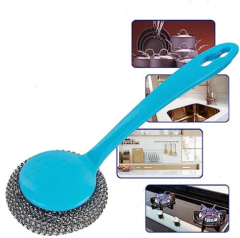 Zale Yardley Stainless Steel Sponges Scrubbing Scouring Pad Long Handle Washing Up Scourer Non Scratch Wire Brush Scrub Plus 1 Extra Scouring Pad Ball - Easy Grip Cleaning Pots Pans