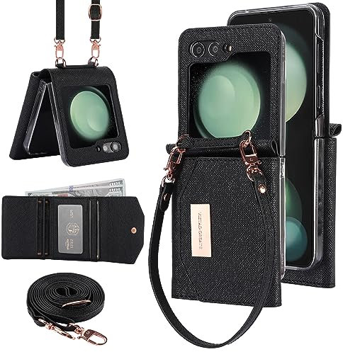 XIMAND per Samsung Galaxy Z Flip 5 Custodia a portafoglio con slot per contanti in pelle integrato e porta carte di credito. Protezione cinturino e cerniera. Custodia per cellulare da donna.(Nero)