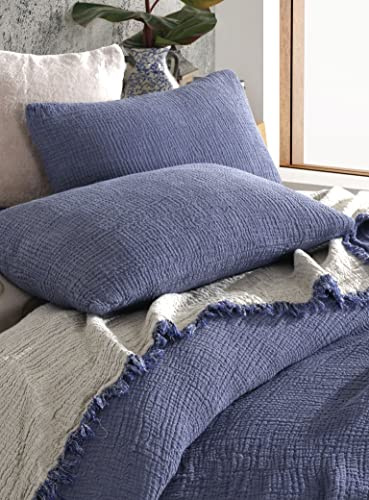 Vierlagige, zweifarbige Musselin Decke, sehr weich, ultraleicht. . Stoff. Verfügbar für Erwachsene, Jugendliche, Kinder und Babys. (2 Stück Standard-Kissenbezüge 80 x 80 cm, Indigo und Beige)