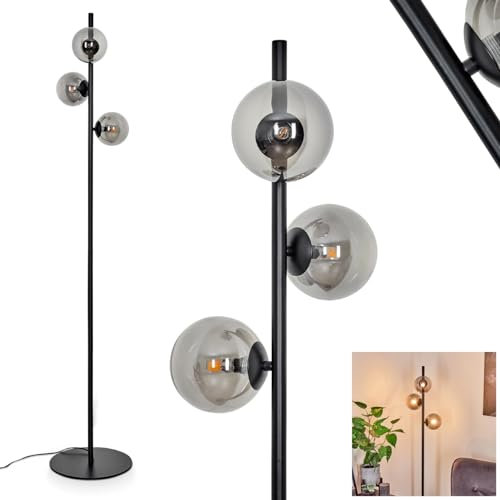 HOFSTEIN Lampadaire Remaisnil - Lampadaire moderne en métal/verre noir/verre fumé - Lampadaire avec abat-jour en verre (Ø 12 cm) - Interrupteur à pied sur câble - 3 x G9 - Sans ampoule