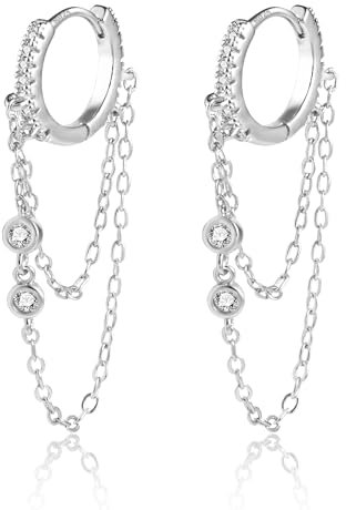 ASH'S CHOICE Silber 925 Creolen Damen Mit Kette Anhänge, Doppel Ketten, Glänz Zirkon Knorpel Piercing Ohrringe Boho