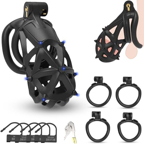 Keuschheitskäfig Herren,3D-Waben Peniskäfig,mit Abnehmbar CBT Weicher Spikes & 4 Hoden Penis Ring,Chastity Cage Male,Keuschheitsgürtel für Herren,BDSMs Spielzeug Hart,Sex Toyset Herren (Arc Ringe)