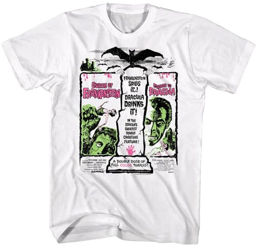 Hammer Horror Double Creature Feature Mens T Shirt Dracula Curse of Frankenstein WhiteSmall