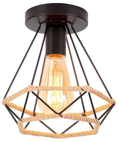 iDEGU Industrielle Kronleuchter, Deckenleuchte, Vintage, Schwarz, Lampenschirm 20 cm, Diamantkäfig aus Metall und Hanfseil, Retro, Deckenleuchte, E27, für Flur, Küche, Eingang, Schlafzimmer, Bar,