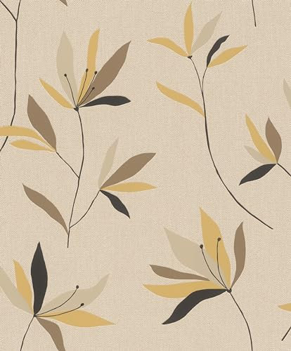 Rasch Tapeten 634082 - Vliestapete mit Blumen in Beige, Gelb, Schwarz und Grün aus der Kollektion Color your life - 10,05 m x 0,53 m (LxB)