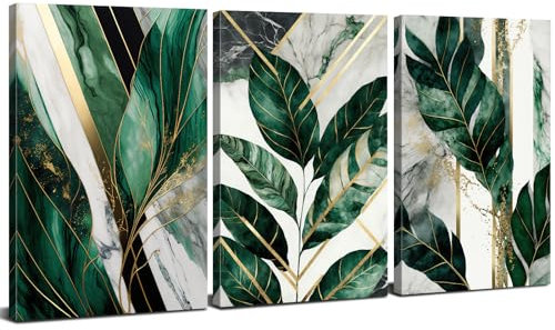 Abstract Green Wall Art for Bathroom Decor Botanical Prints Sage Green Wall Art Gold Marble Wall Decor Tropical Plant Leaves Pictures Paintings for Living Room Office Home Decorations 30x40cm 3Pcs