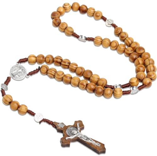 Rosario in Legno Naturale, Collana di Perline di Preghiera per Comunione, Battesimo, Messa e Bibbia