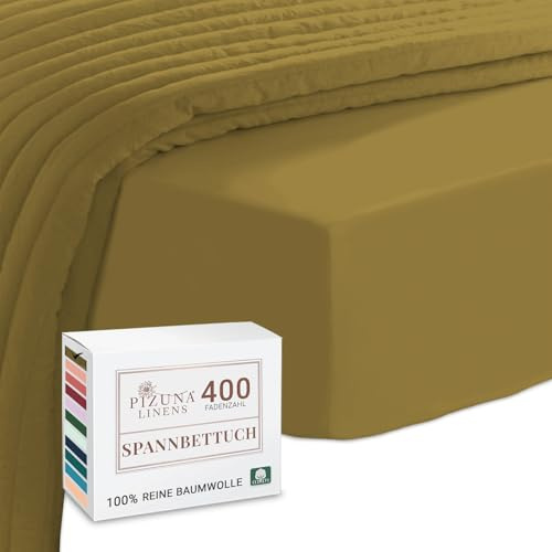 Pizuna Spannbettlaken 200x200 cm Baumwolle Senfgold 400 Fadenzahl | 100% langes nur Baumwoll-Spannbetttuch, weiches Mako-Satin-Gewebe für bis zu 40 Matratzenhöhe